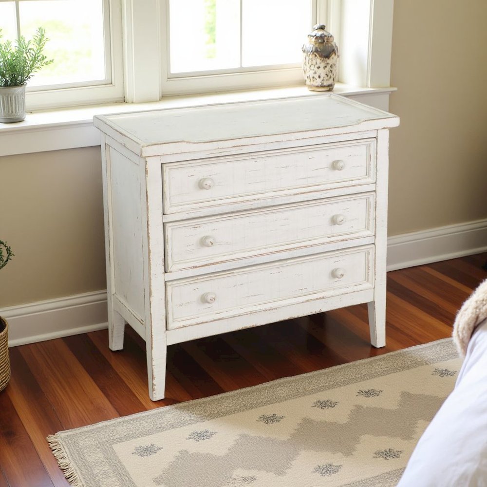 White Solid Wood Nightstand with Drawers, Farmhouse End Table with Storage. Picture 2