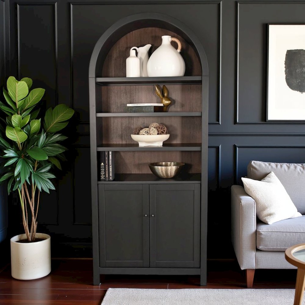 Black Solid Wood Arched Cabinet with Doors, Hutch Cabinet with Storage. Picture 3