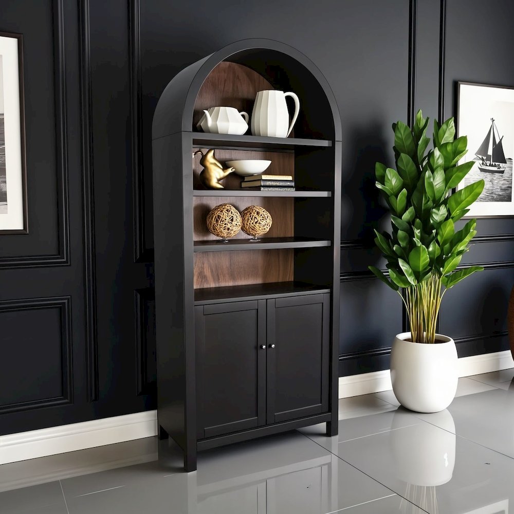 Black Solid Wood Arched Cabinet with Doors, Hutch Cabinet with Storage. Picture 2