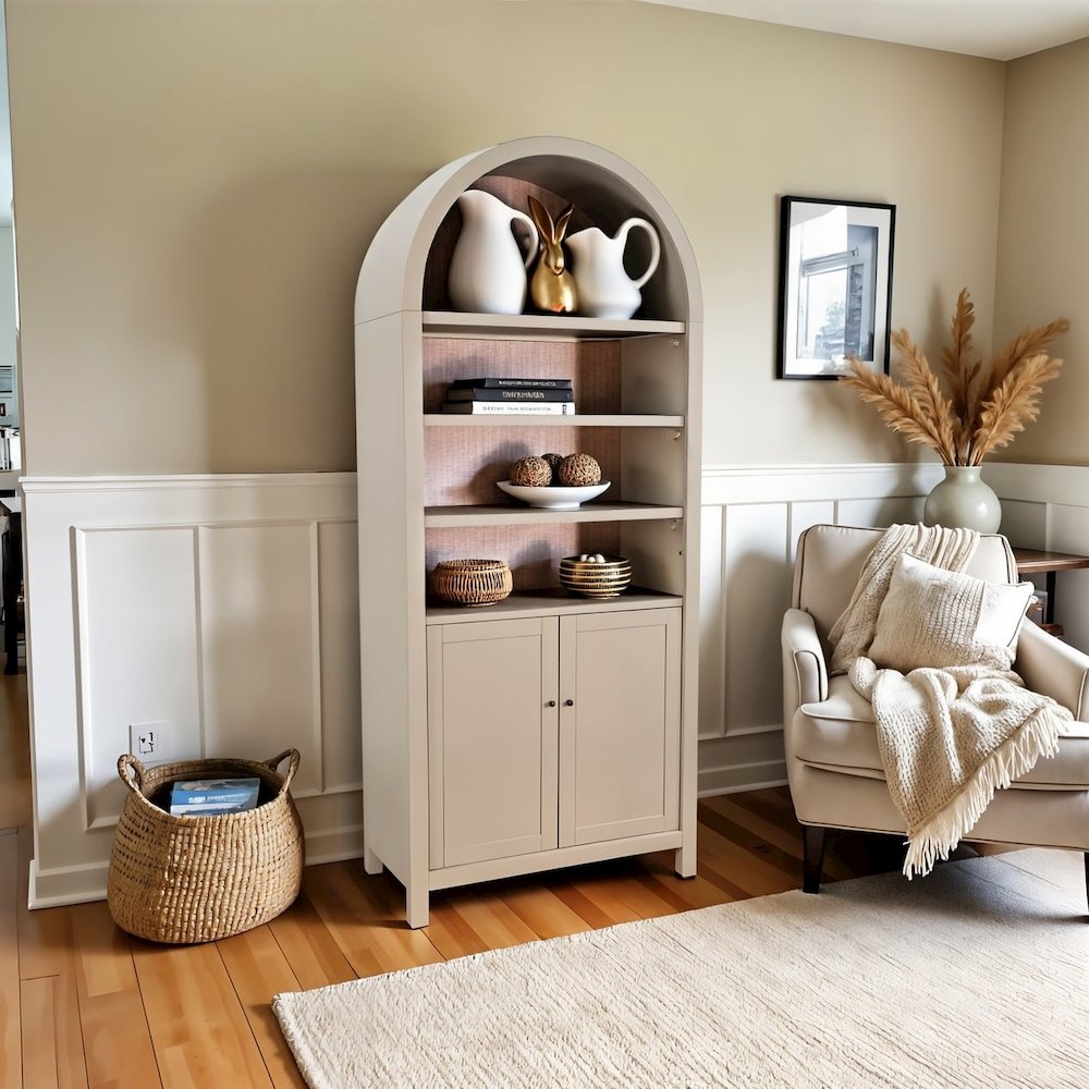 Gray Solid Wood Arched Cabinet with Doors, Hutch Cabinet with Storage. Picture 2