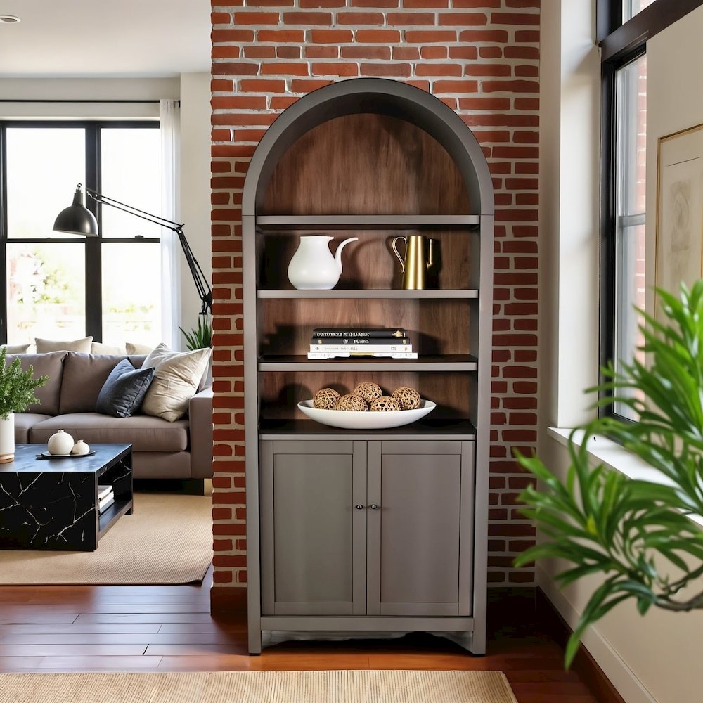 Brown Solid Wood Arched Cabinet with Doors, Hutch Cabinet with Storage. Picture 2