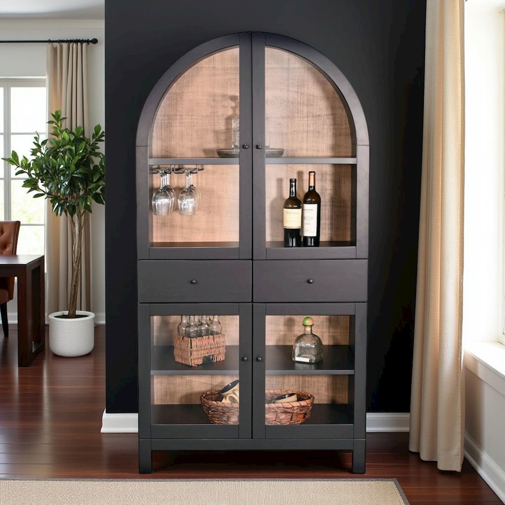 Black Solid Wood Bar Cabinet, Arched Liquor Cabinet with Glass Doors. Picture 4