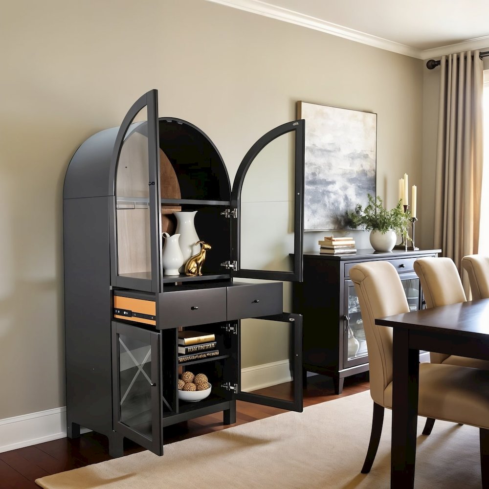 Black Solid Wood Bar Cabinet, Arched Liquor Cabinet with Glass Doors. Picture 3