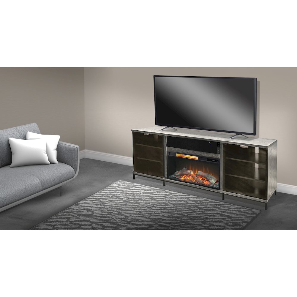 70" Media Console with Electric Fireplace, Grey Walnut Melamine. Picture 2