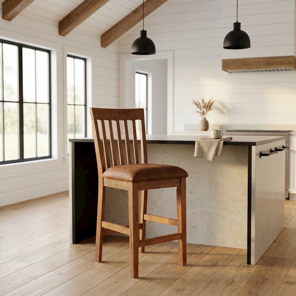 Light Brown Slatback Barstool Set with Cushioned Seats and Rustic Style. Picture 2