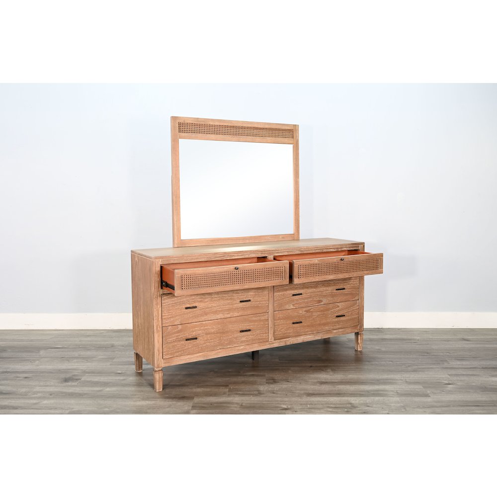 Natural Wood 6-Drawer Rattan Dresser with Mirror. Picture 3