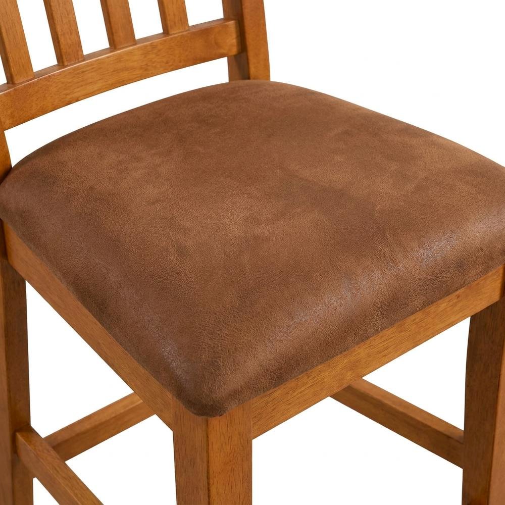 Light Brown Slatback Barstool Set with Cushioned Seats and Rustic Style. Picture 8