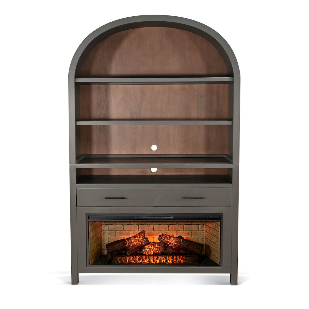 Arched Display Cabinet with Log-Style Electric Fireplace. Picture 1