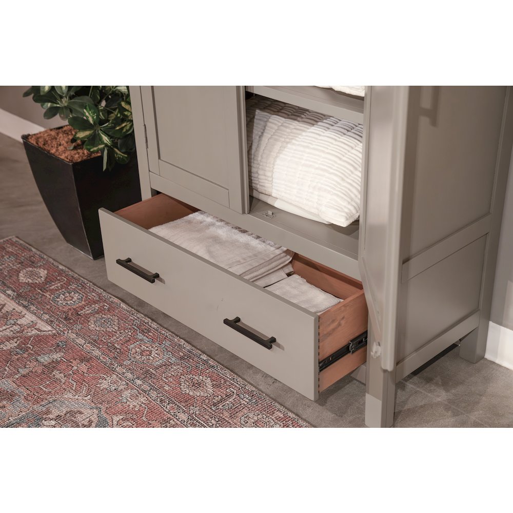 Transitional Linen Cabinet with Shelves and Deep Storage Drawer. Picture 3