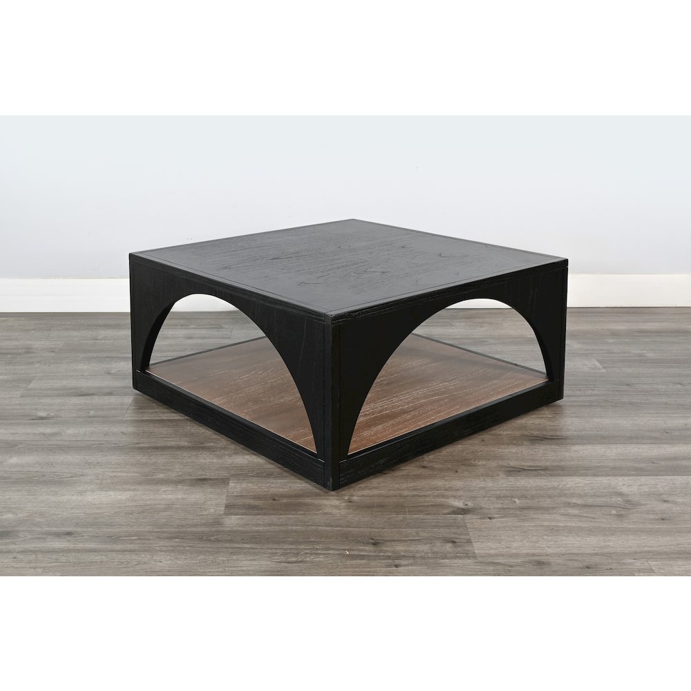 Modern Wood Coffee Table with Arched Open Shelf Design and Casters. Picture 3