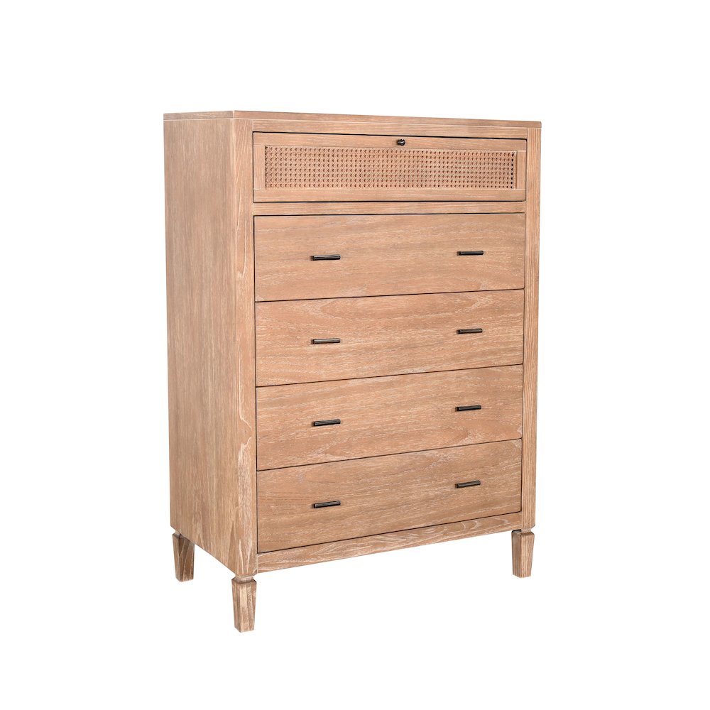 Natural Wood 5-Drawer Chest with Woven Rattan Detail. Picture 1