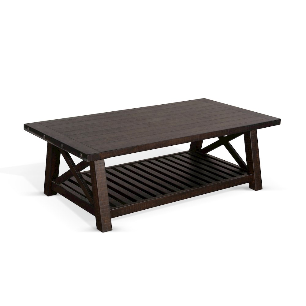 Vivian 52" Farmhouse Mahogany Wood Coffee Table in Dark Brown. Picture 1