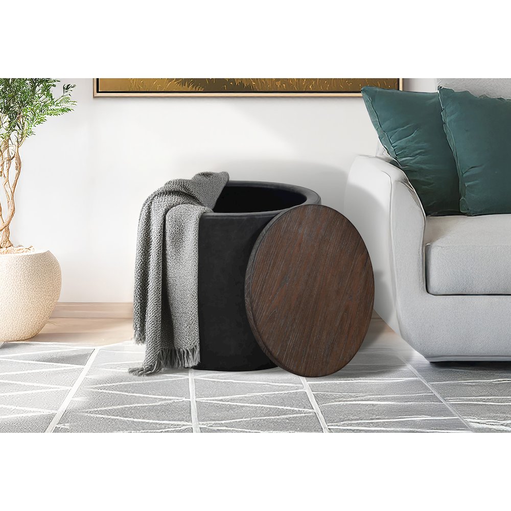 Modern Round Storage Ottoman with Wood Lid. Picture 2