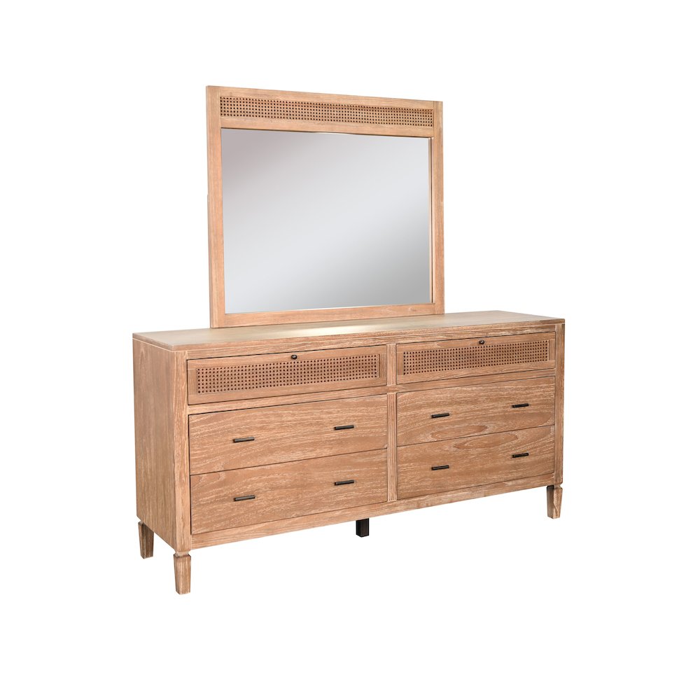 Natural Wood 6-Drawer Rattan Dresser with Mirror. Picture 1