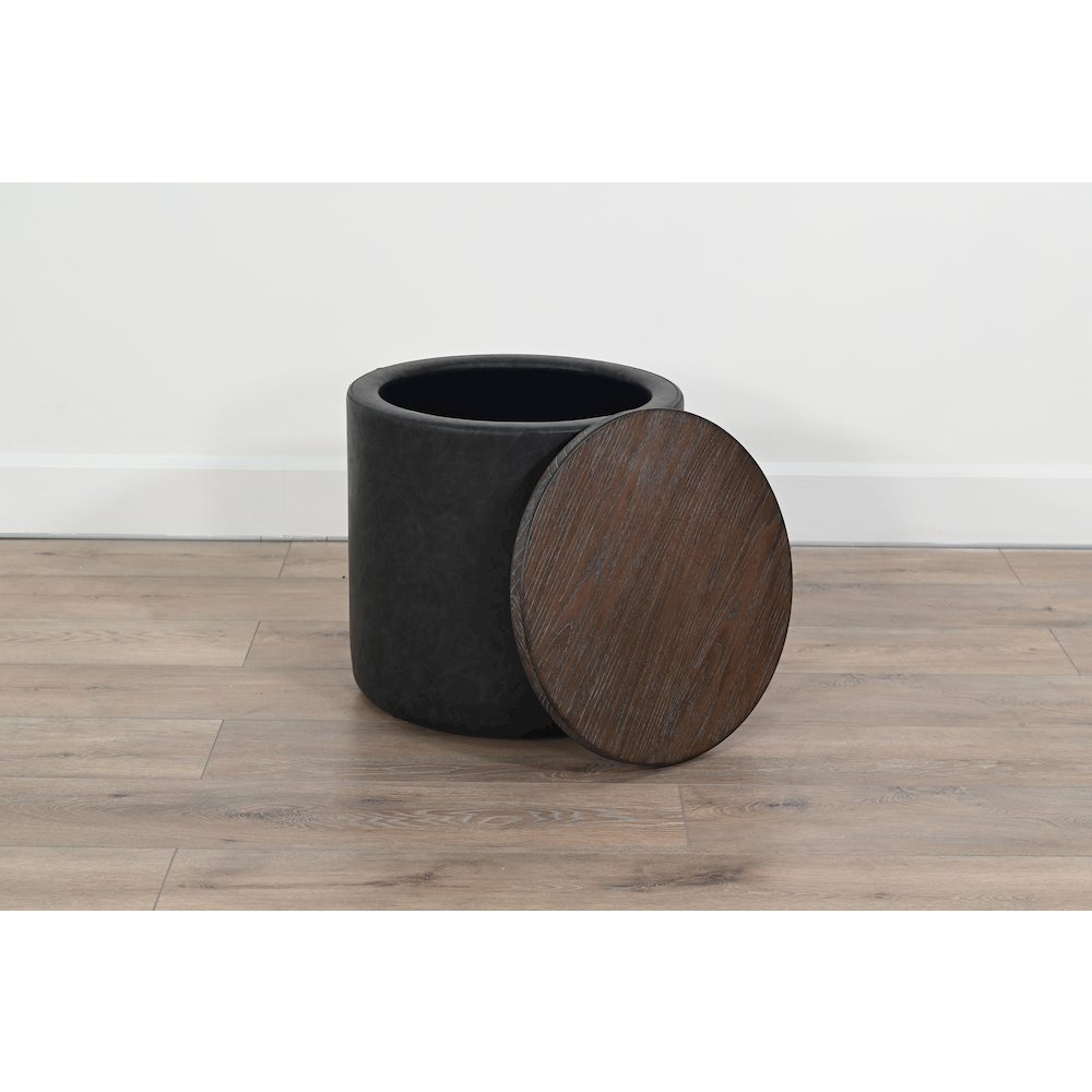 Modern Round Storage Ottoman with Wood Lid. Picture 4