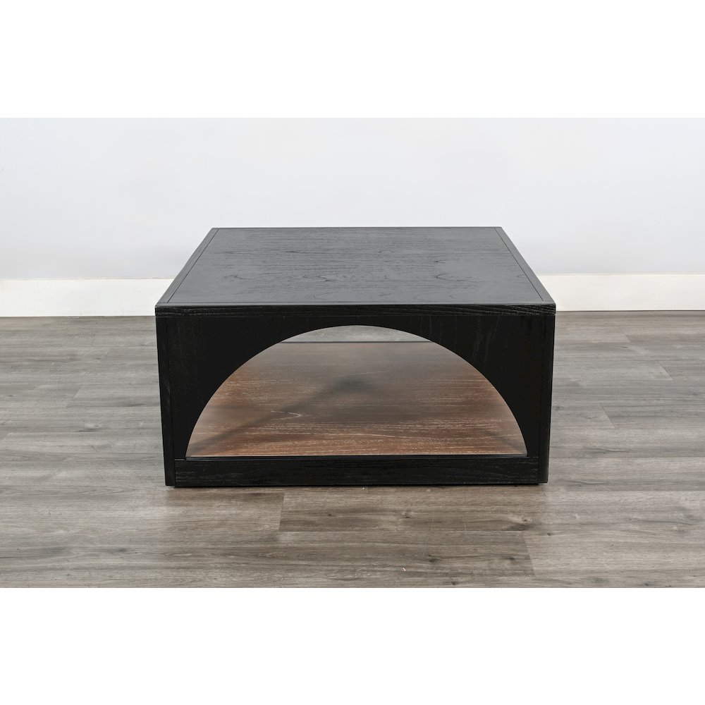 Modern Wood Coffee Table with Arched Open Shelf Design and Casters. Picture 2