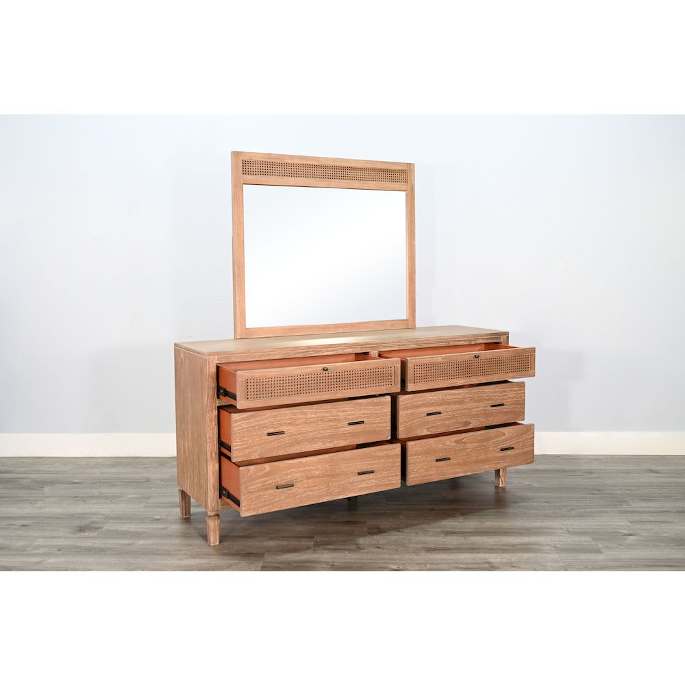 Natural Wood 6-Drawer Rattan Dresser with Mirror. Picture 4