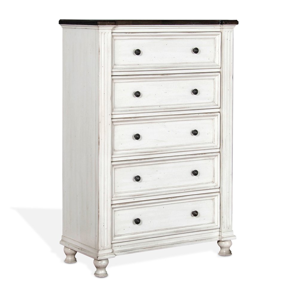 Carriage House Chest with 5 Drawers, Cottage White/Europen Dark. Picture 1