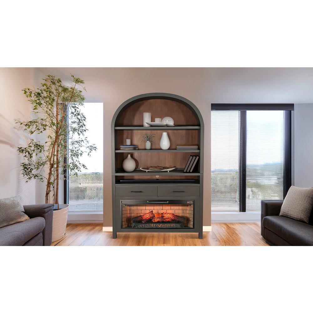 Arched Display Cabinet with Log-Style Electric Fireplace. Picture 2