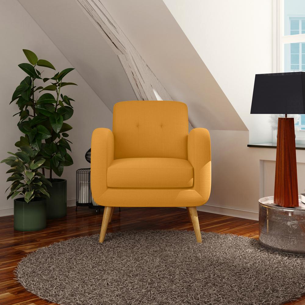 Armchair in Mustard Yellow Linen with Natural Legs. Picture 8