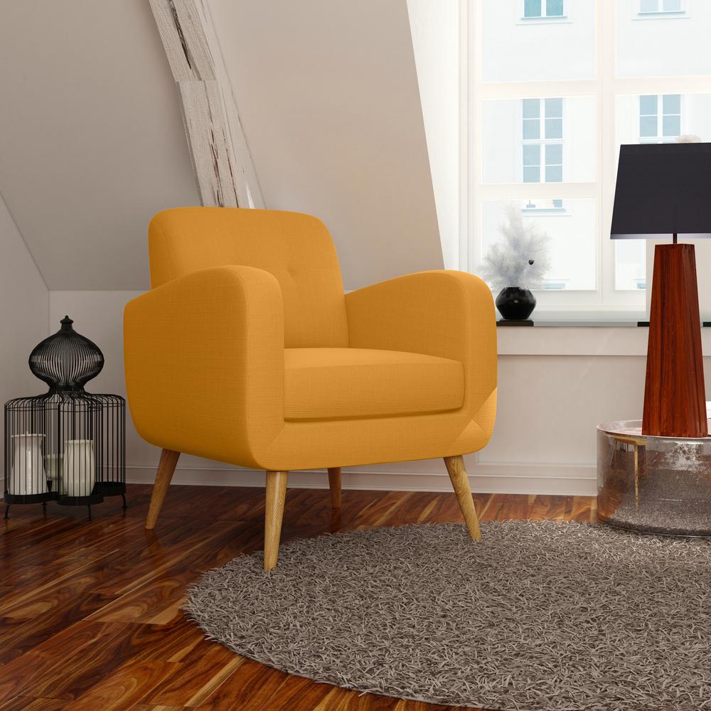 Armchair in Mustard Yellow Linen with Natural Legs. Picture 9
