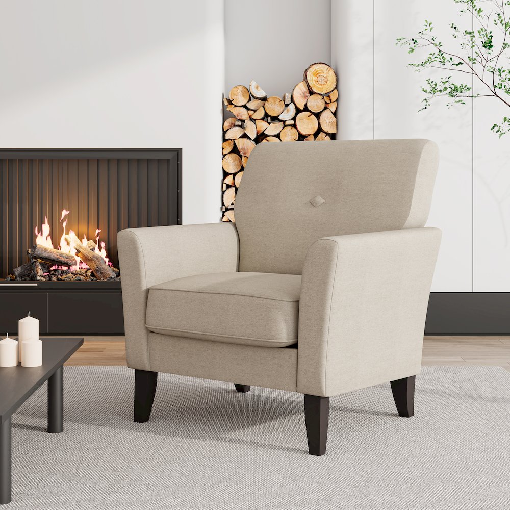 Alex Transitional Flared Arm Armchair in Barley Tan Velour. Picture 8
