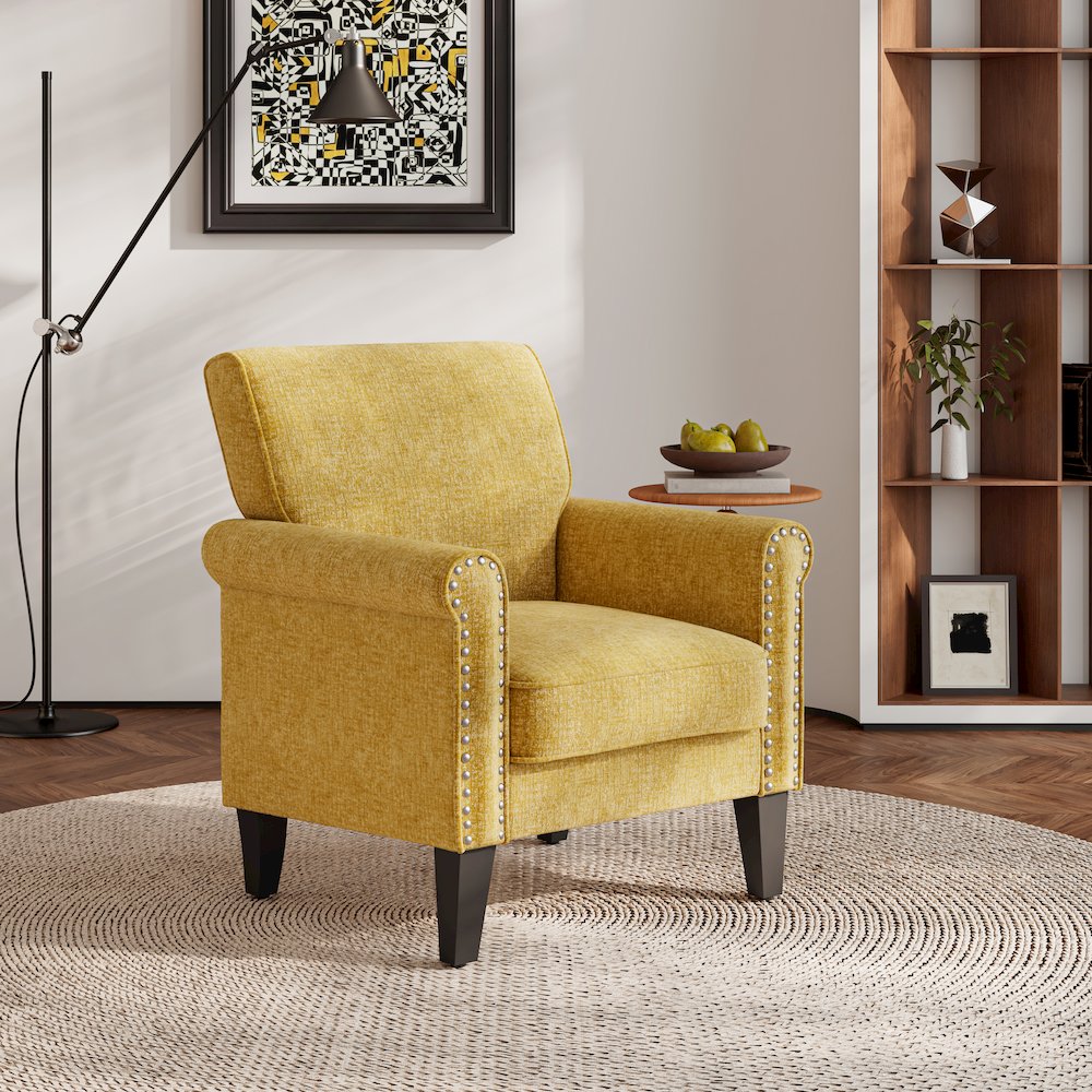 Jean Rolled Arm Chair with Nailheads in Gold Chenille. Picture 8