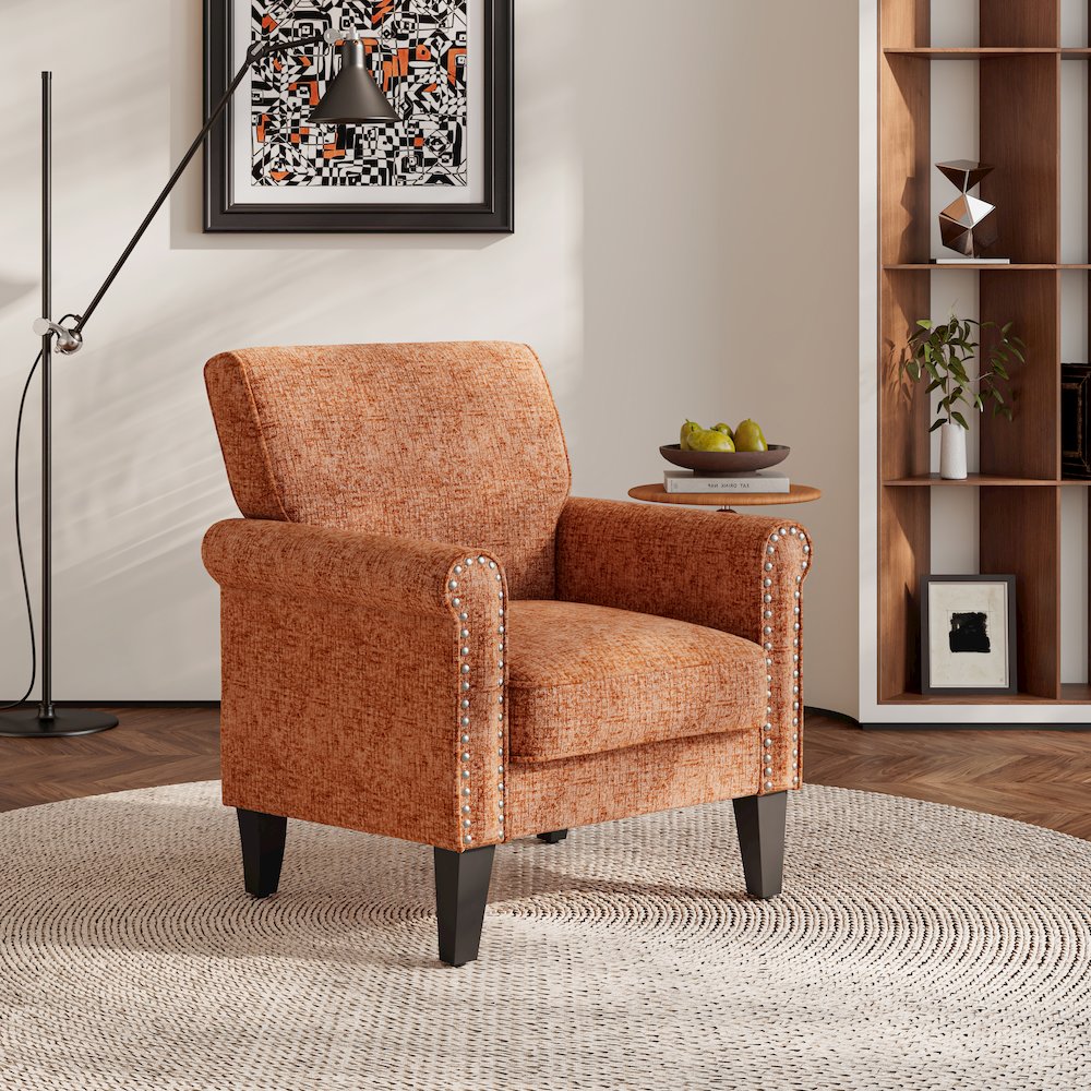 Jean Rolled Arm Chair with Nailheads in Orange Chenille. Picture 8