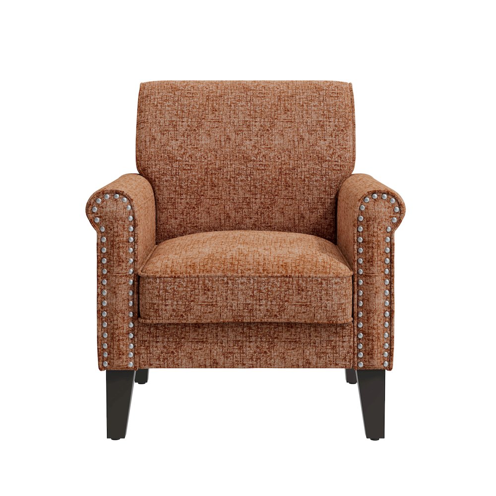 Jean Rolled Arm Chair with Nailheads in Orange Chenille. Picture 2