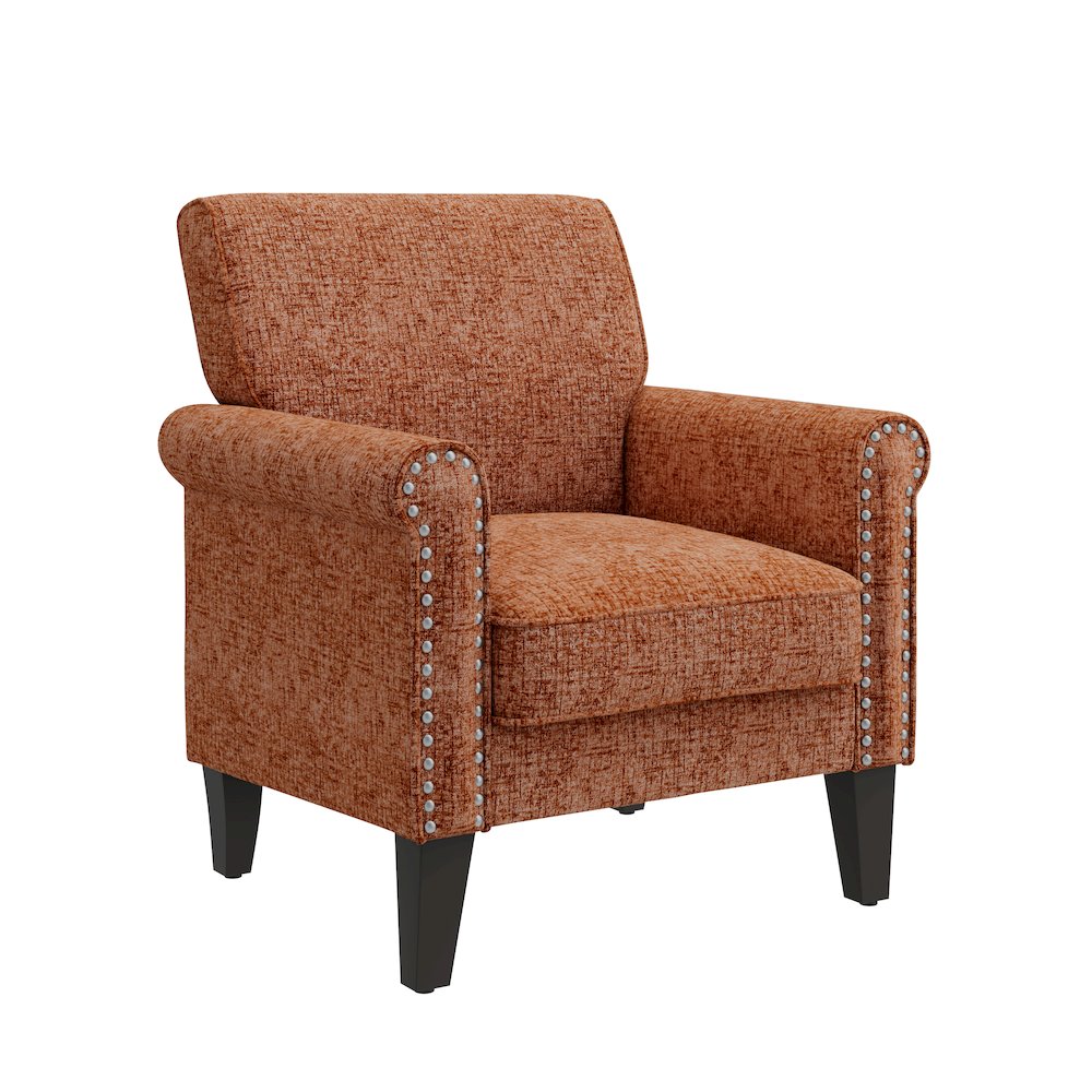 Jean Rolled Arm Chair with Nailheads in Orange Chenille. Picture 1