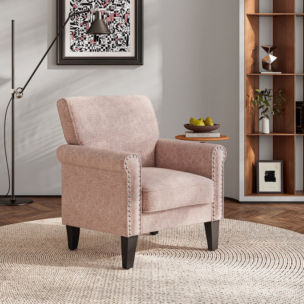Jean Rolled Arm Chair with Nailheads in Pink Chenille. Picture 8