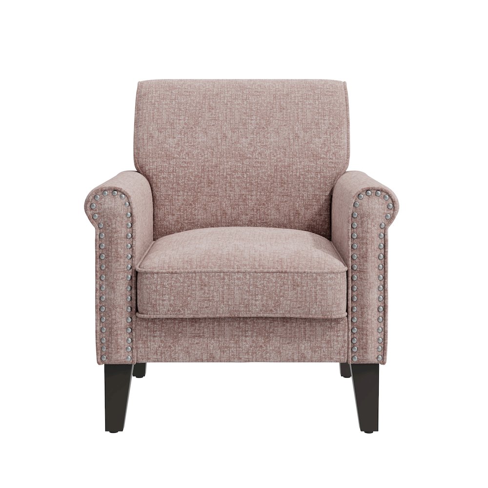 Jean Rolled Arm Chair with Nailheads in Pink Chenille. Picture 2