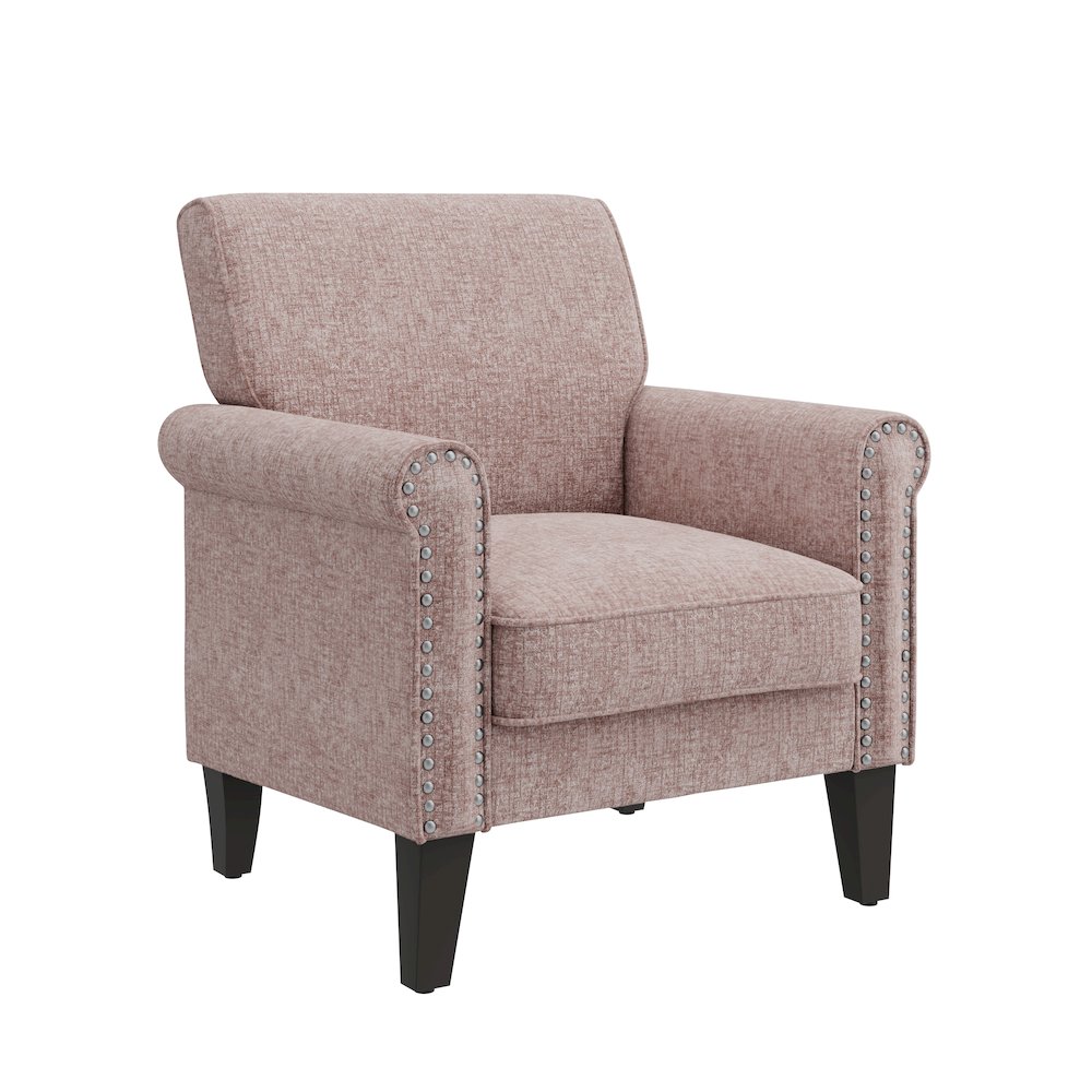 Jean Rolled Arm Chair with Nailheads in Pink Chenille. Picture 1