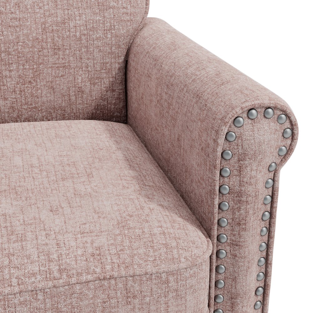 Jean Rolled Arm Chair with Nailheads in Pink Chenille. Picture 6
