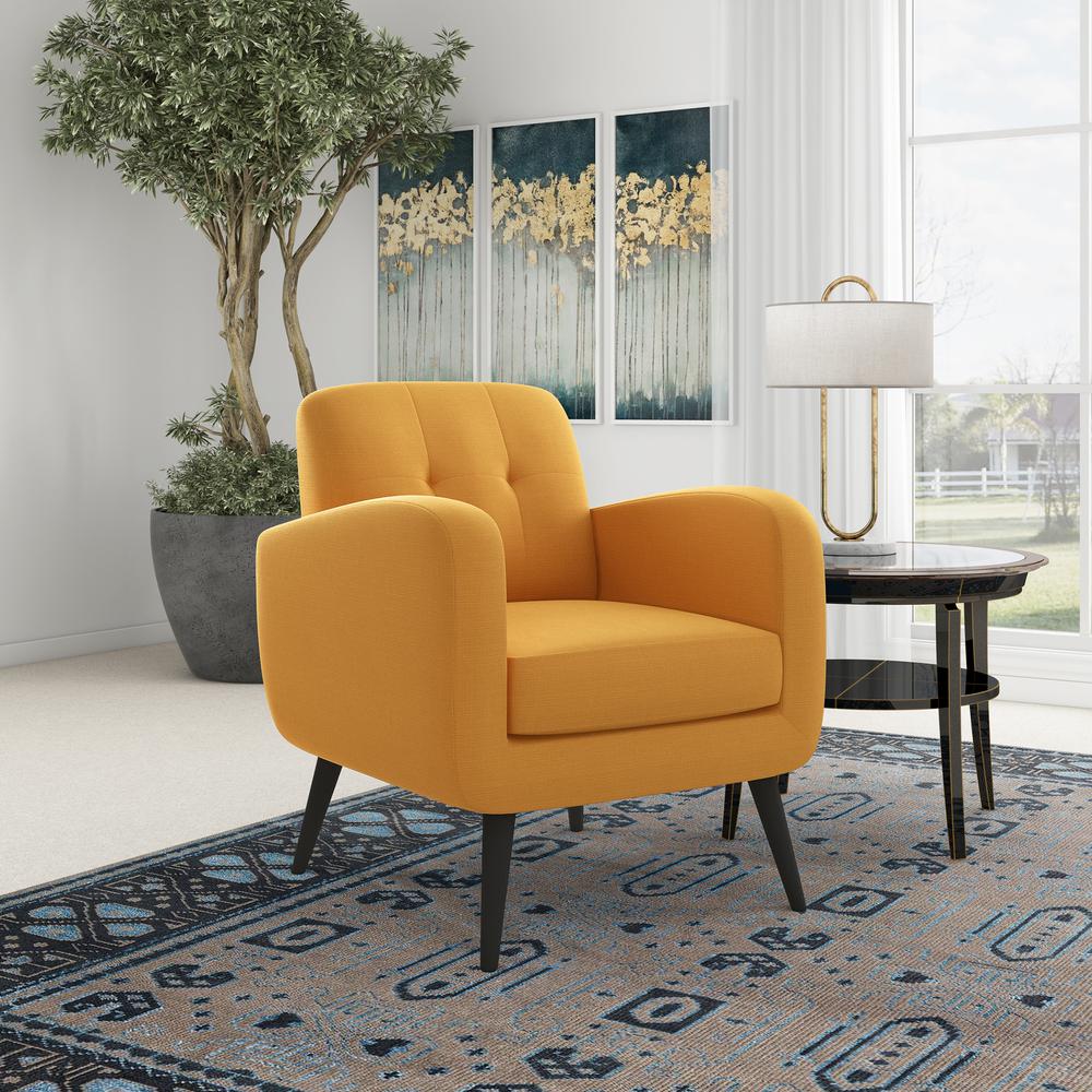 Armchair in Mustard Yellow Linen with Espresso Legs. Picture 8