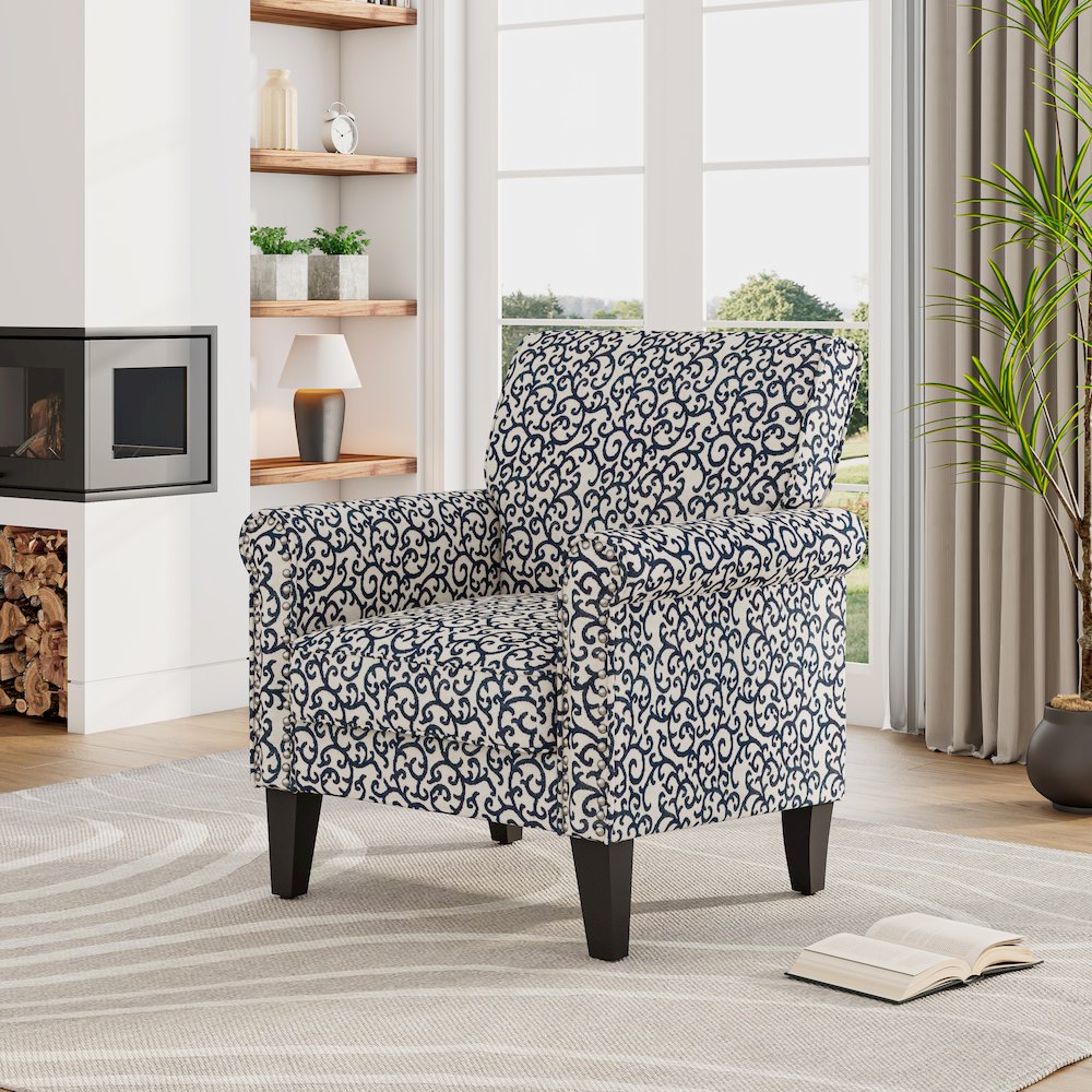 Jean Rolled Arm Chair with Nailheads in Black Curly Vine. Picture 8