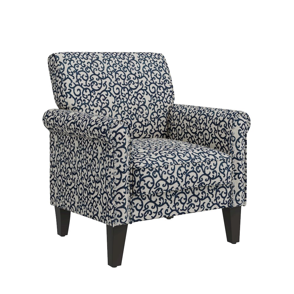 Jean Rolled Arm Chair with Nailheads in Black Curly Vine. Picture 1
