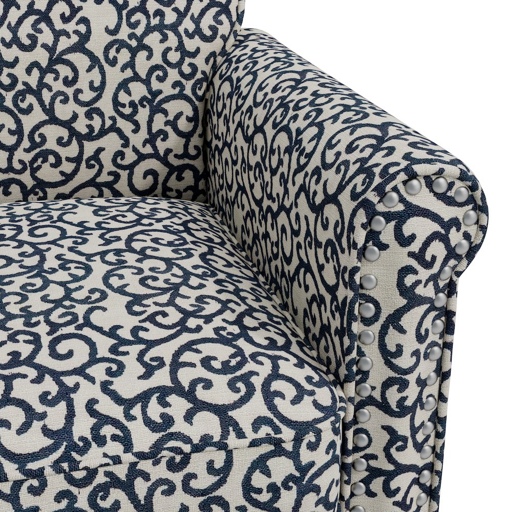 Jean Rolled Arm Chair with Nailheads in Black Curly Vine. Picture 6