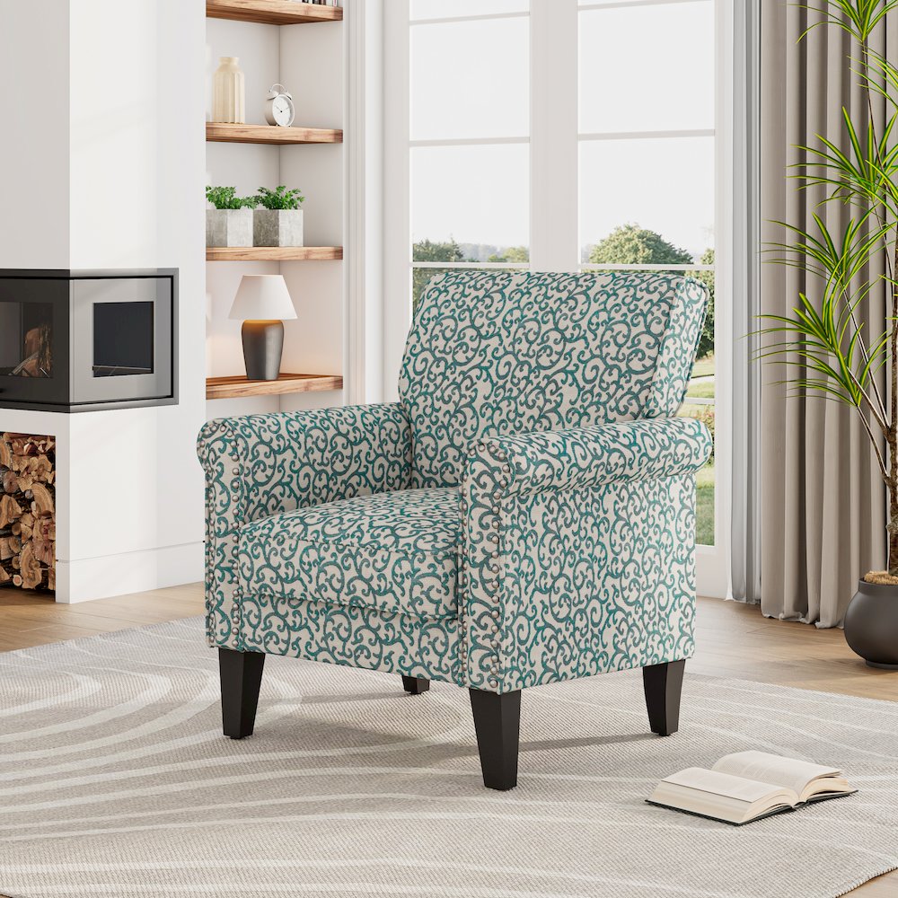 Jean Rolled Arm Chair with Nailheads in Blue Curly Vine. Picture 8