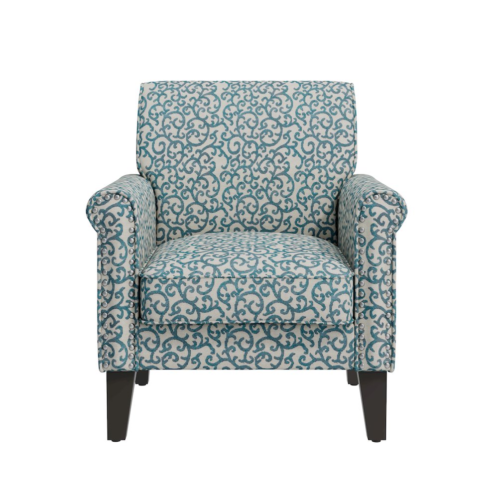 Jean Rolled Arm Chair with Nailheads in Blue Curly Vine. Picture 2