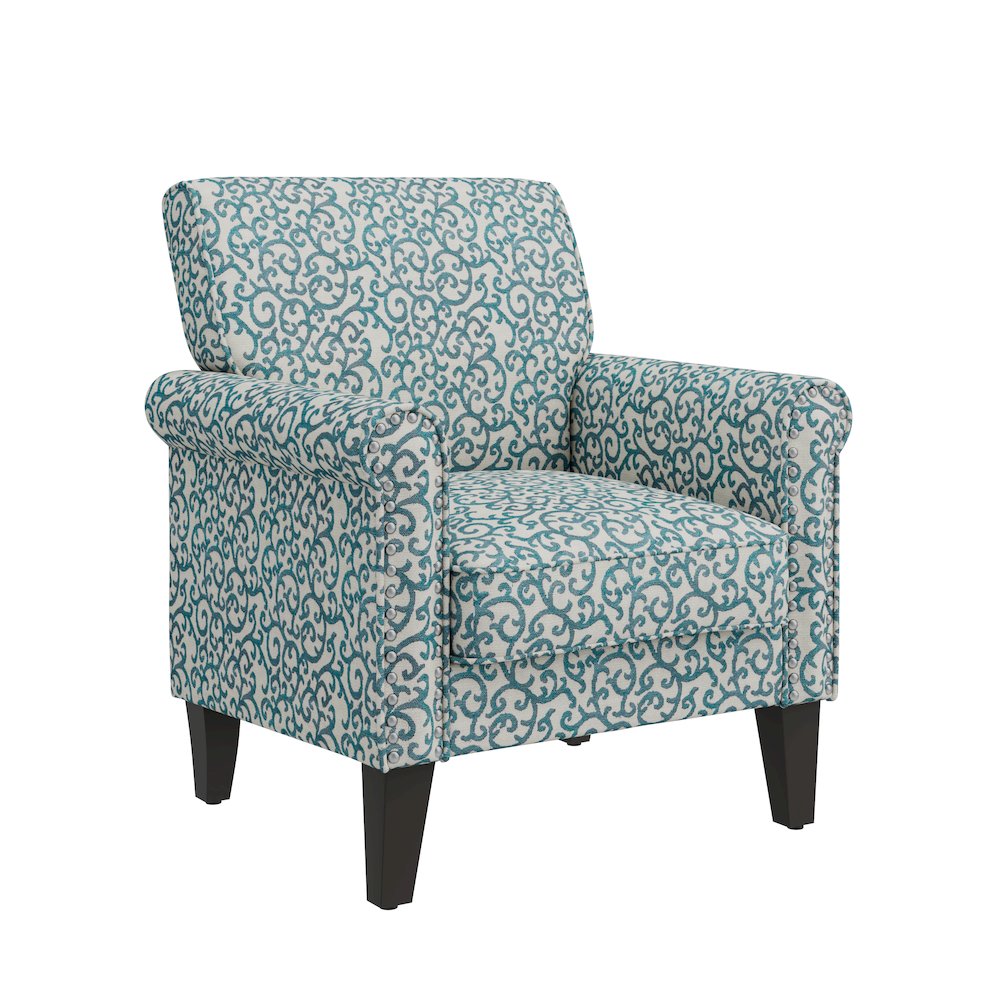 Jean Rolled Arm Chair with Nailheads in Blue Curly Vine. Picture 1