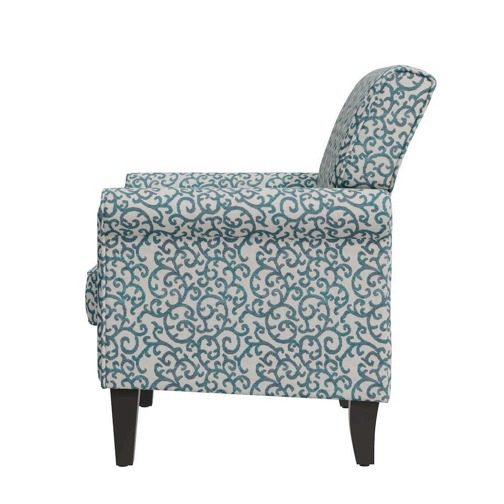 Jean Rolled Arm Chair with Nailheads in Blue Curly Vine. Picture 4
