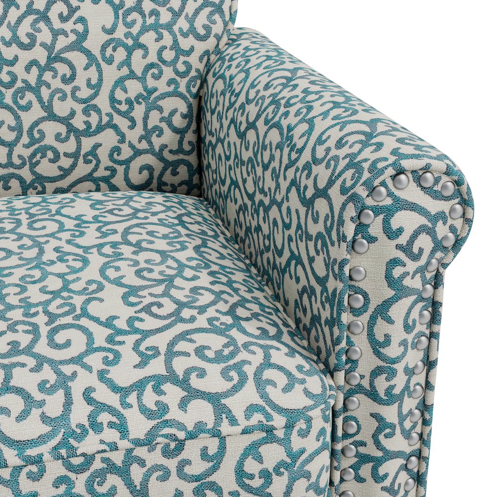 Jean Rolled Arm Chair with Nailheads in Blue Curly Vine. Picture 6