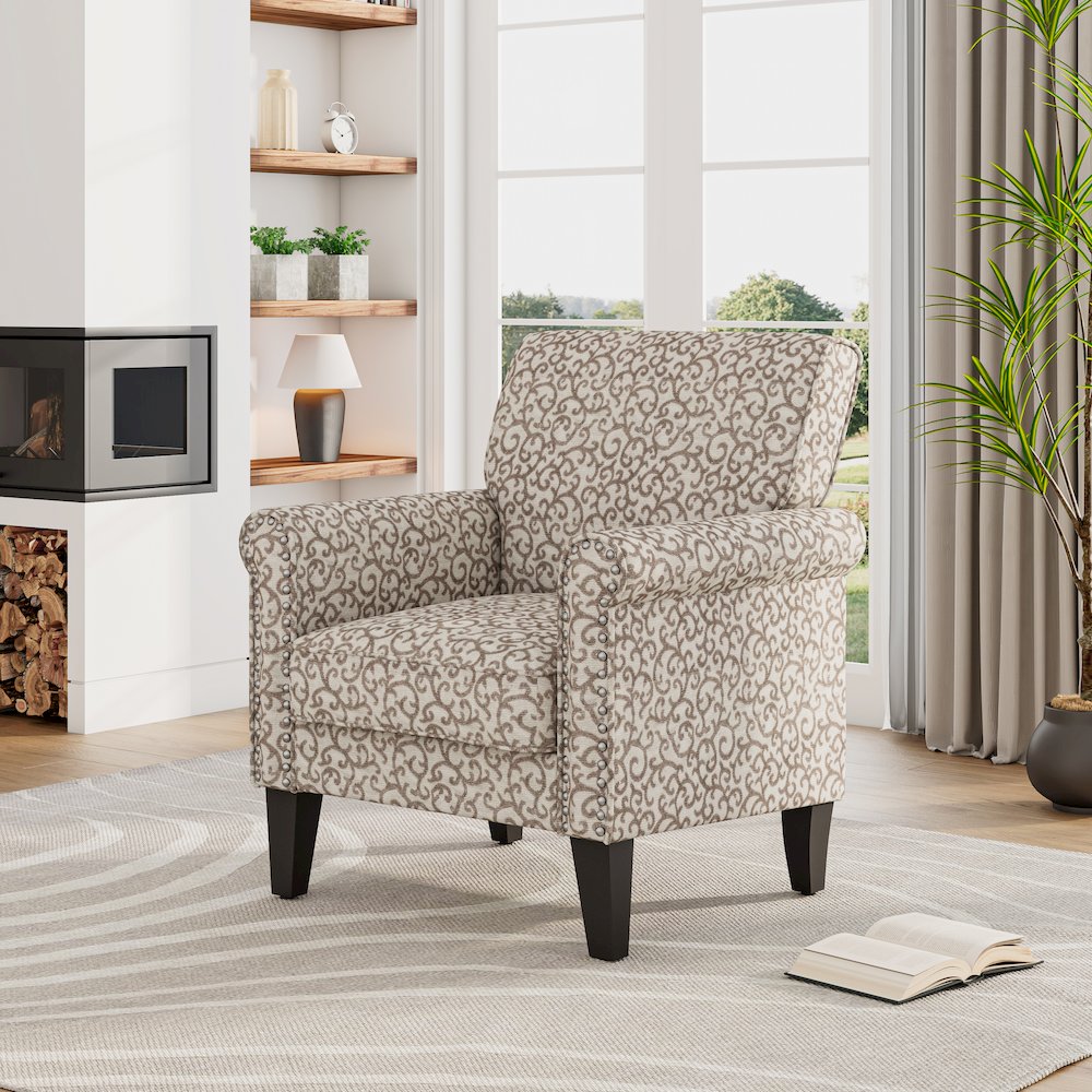 Jean Rolled Arm Chair with Nailheads in Tan Curly Vine. Picture 8