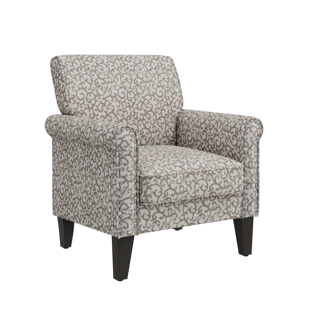 Jean Rolled Arm Chair with Nailheads in Tan Curly Vine. Picture 1