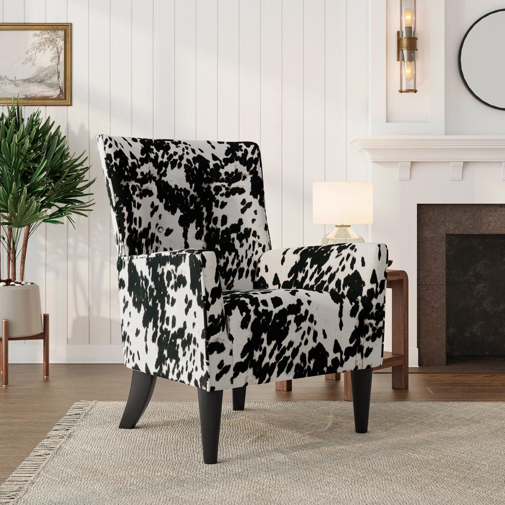 Shelter High Back Wingback Chair in Velvet Black Cow Print. Picture 9