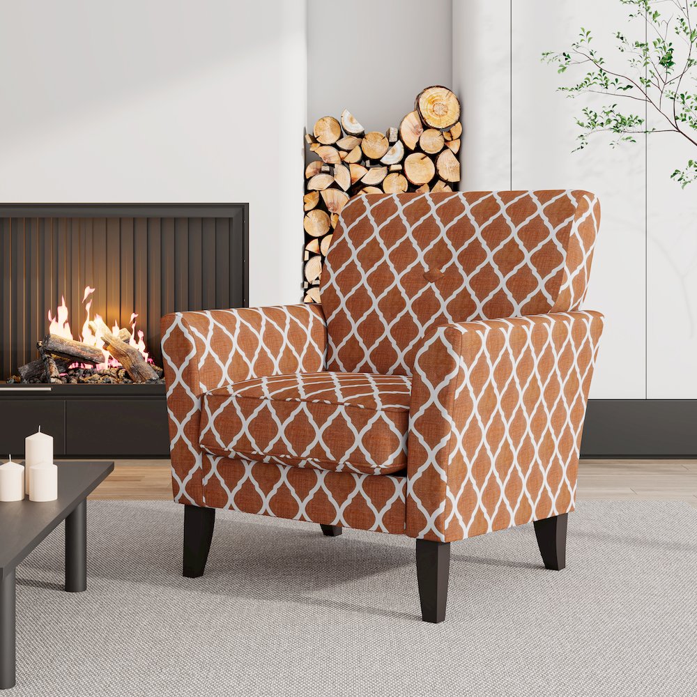 Alex Transitional Flared Arm Armchair in Orange Trellis. Picture 8