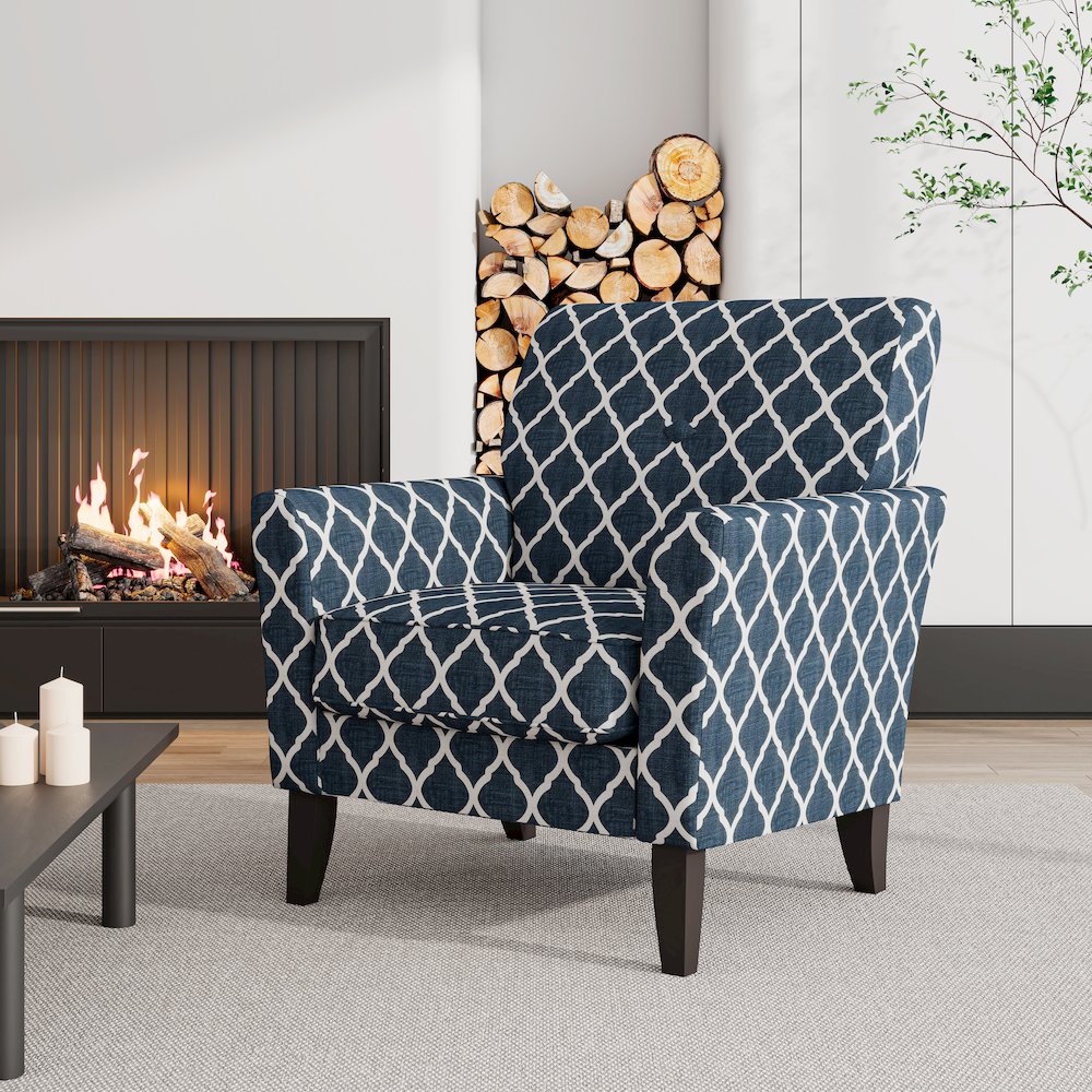 Alex Transitional Flared Arm Armchair in Blue Trellis. Picture 8
