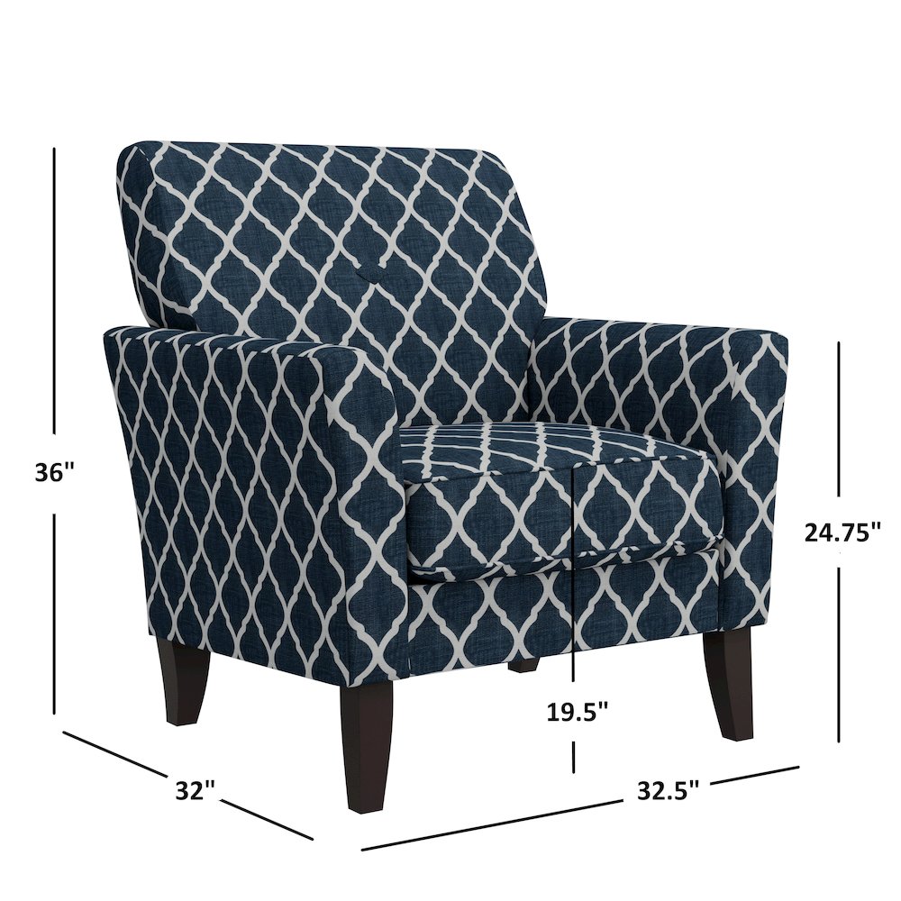 Alex Transitional Flared Arm Armchair in Blue Trellis. Picture 7
