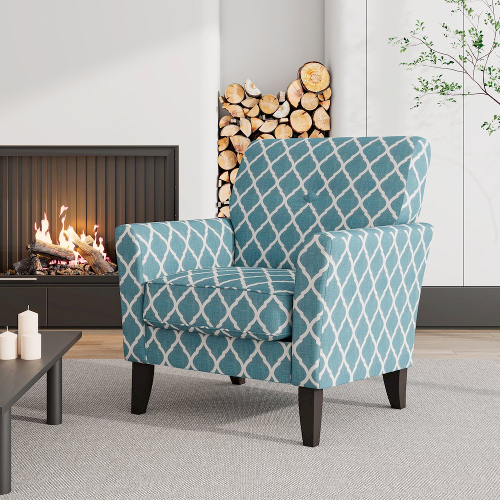 Alex Transitional Flared Arm Armchair in Turquoise Trellis. Picture 8